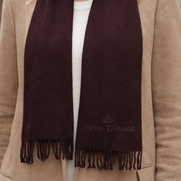 VIVIENNE WESTWOOD LOGO BROWN WOOL BLEND FRINGE SCARF - Picture 2 of 5
